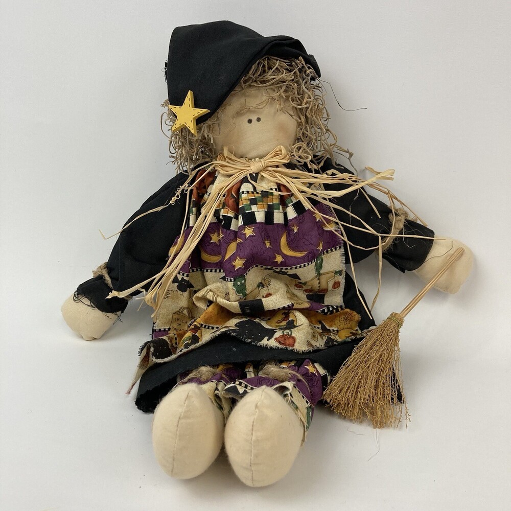 VTG Primitive Farmhouse Plush Fabric Stuffed Halloween Witch Doll Shelf Sitter